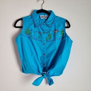 Rodeo Western Wear Sleeveless Button Down Top Size M Blue Cactus Southwest Sun